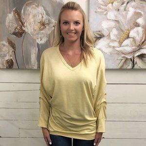 Ruched Long Sleeve V-Neck Top - Heather Yellow